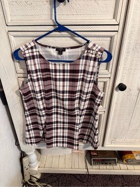 Ann Taylor Burgundy and White Plaid Sleeveless Top with Shoulder Buttons